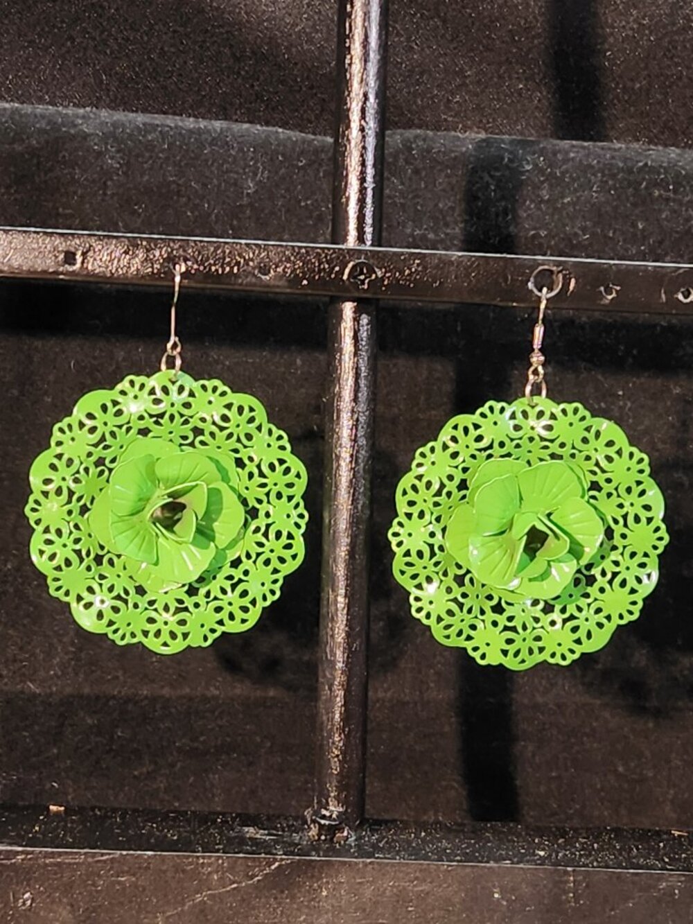 Lime Green Floral Filigree Statement Dangle Earrings